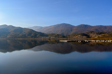Fototapeta na wymiar A floating platform in Lake Zazari in Florina Macedonia in Greece