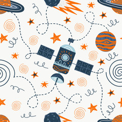 Vector illustration on the theme of space travel. Hand drawing seamless doodle pattern.