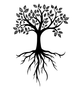 Tree symbol with roots, real hand drawing. Vector Illustration