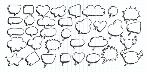 Artistic collection of hand drawn doodle style comic balloon, cloud, heart shaped design elements. Isolated and real pen sketch. Vector Illustration