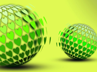 green hearts in the form of abstract balls on a light yellow background