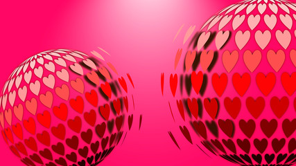abstract figures of different sizes with dark red hearts on a pink color