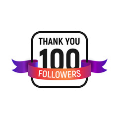 100 followers number with color bright ribbon isolated vector icon. One hundred follower thank you