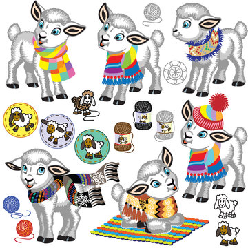 cartoon set of little  sheep wearing a warm knitted scarf and hat . Yarns of lamb wool . Isolated vector illustrations