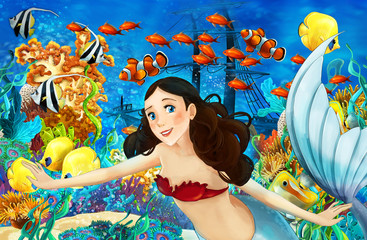 Cartoon ocean and the mermaid in underwater kingdom swimming with fishes - illustration for children © honeyflavour