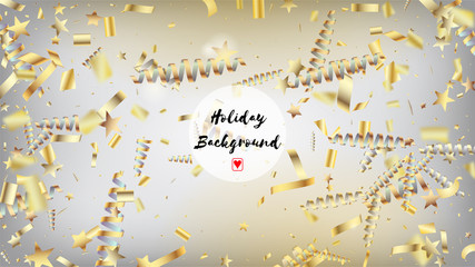 Modern Luxury Confetti, Isolated Stars, Tinsel Falling. Cool Sparkling Christmas, New Year, Birthday Party Holiday Banner. Horizontal Lights Particles Background. Luxury Confetti, Isolated Gold