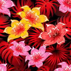 Seamless pattern of a tropical palm tree, jungle leaves and flowers. Hand drawing. Vector floral pattern.