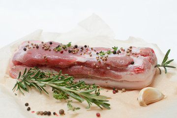  Fresh meat and spices on a white background. Cooking concept.