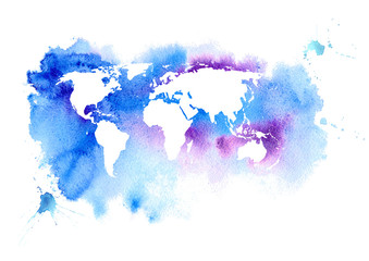 World map.Earth.Watercolor hand drawn illustration.White background.