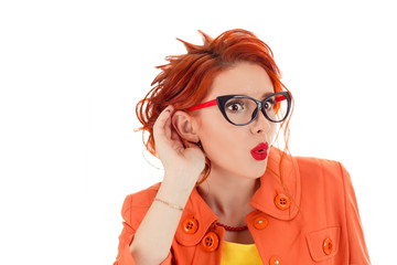surprised nosy woman hand to ear listening juicy gossip conversation