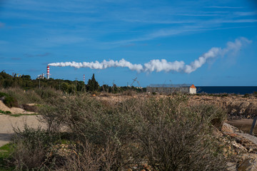 factory chimneys with one long line of smoke