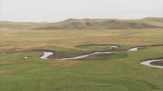 Hot-air balloon aerial over grasslands, Inner Mongolia, Asia 