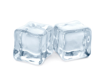 Crystal clear ice cubes on white background