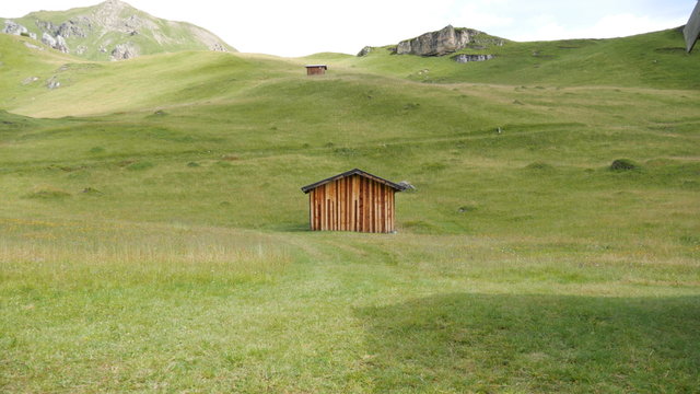 Wooden hut on a green grass.