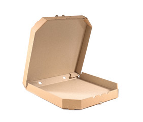 Open cardboard pizza box on white background. Food delivery