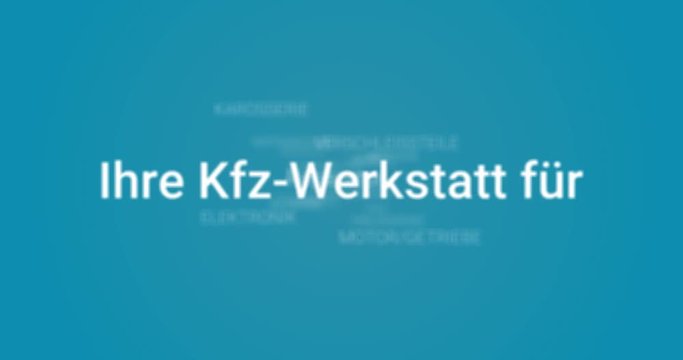 Animation welche den Service einer Kfz-Werkstatt zeigt (z.B. T&Uuml;V, Abnahme, Hauptuntersuchung, HU, AU). Blauer Hintergrund, wei&szlig;e Schrift.