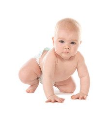 Cute little baby crawling on white background