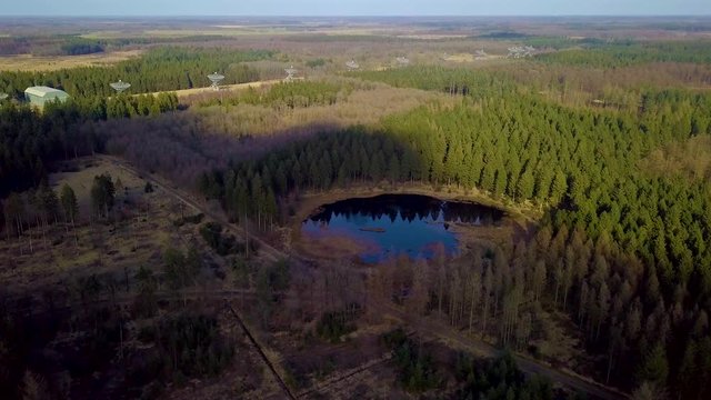 Drone Shot of The Westerbork Synthesis Radio Telescope (WSRT). An aperture synthesis interferometer consisting of a linear array of 14 antennas