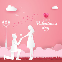 Valentine's Day background. Young man kneeling to his girlfriend and giving a rose on the park with heart and pink background. paper cut style vector illustration