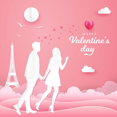 Valentine's Day greeting card. couple walking and holding hands on pink background. paper cut style vector illustration
