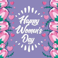 happy women day card with flowers and hearts