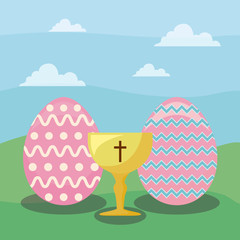 happy easter day card with eggs and chalice