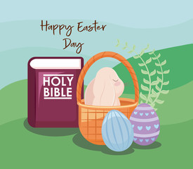 happy easter day card with cute rabbit and holy bible