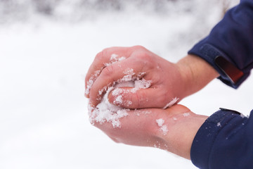 Hands holding fresh snow, man making snowball