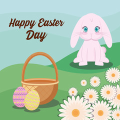 happy easter day card with cute rabbit and landscape