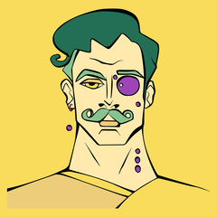 Vector character of handsome man with green hair, eyebrows and mustache. Illustration for t-shirt print, card or poster. Isolated portrait on yellow background 