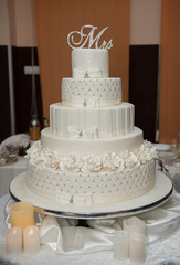 Mr & Mrs cake decoration sign on wedding cake