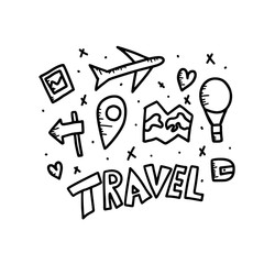 Set of travel doodle symbols in vector.