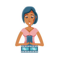 woman with video tape and smartphone