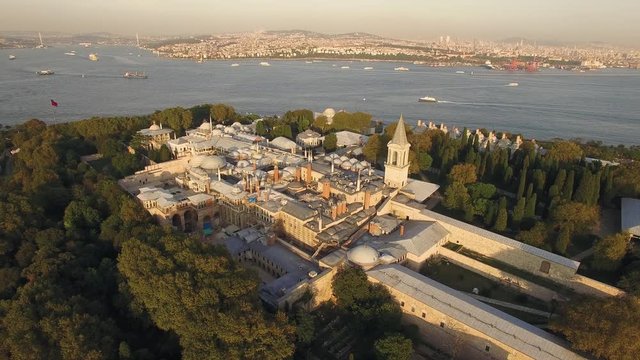 Slow aerial orbit shot of the Topkapi Palace Museum in Istanbul, Turkey ORBIT RIGHT