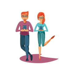 young couple with smartphones devices