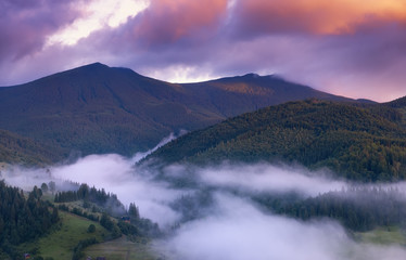 Mountains and forest in the fog. Beautiful natural landscape at the summer time during sunrise. Forest and mountains. Mountain landscape-image