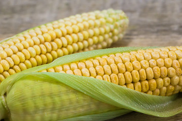 Fresh yellow corn on a wooden background