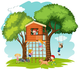 Children playing at tree house