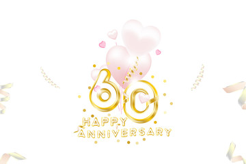 60th Anniversary gold inscription with original numbers and fonts for celebration and anniversary event party. Banner with gold confetti, ribbons and pink hearts.