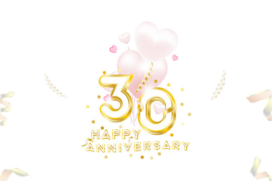 30th Anniversary gold inscription with original numbers and fonts for celebration and anniversary event party. Banner with gold confetti, ribbons and pink hearts.