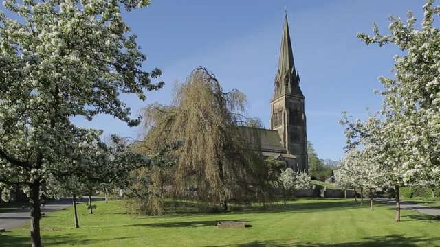 Edensor Village Church & Blossom, Chatsworth Estate, Derbyshire, England, UK, Europe