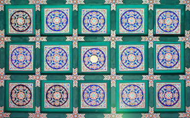 A fragment of the traditional pattern on the ceiling of the Long Corridor of the most interesting sights of the Summer Palace in Beijing. China