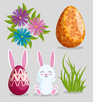 set easter rabbit with eggs decoration and flowers