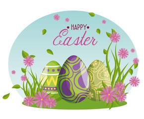 easter eggs with figures decoration and flowers