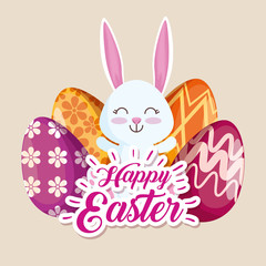 happy rabbit and easter eggs with figures decoration