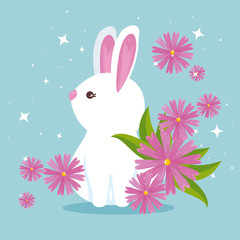 cute rabbit wild animal with flowers and leaves