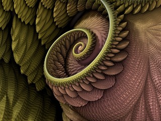 3D Illustration - Spiral shape in yellow and orange colors, recursive fractal/fantasy computer generated artwork. Fantasy world, infinite vortex repeating geometric spiral pattern, twisted abstract