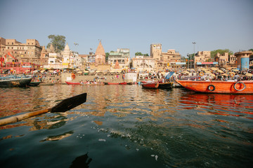 Fototapeta na wymiar Ganga river and Varanasi ghats morning view from boat river side