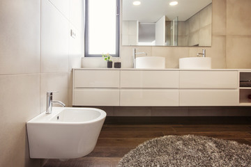 luxury bathroom interior with mirror, grey carpet and bidet