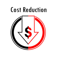 Vector illustration of dollar decrease icon. Money symbol with arrow stretching fall down. Business cost reduction concept. 